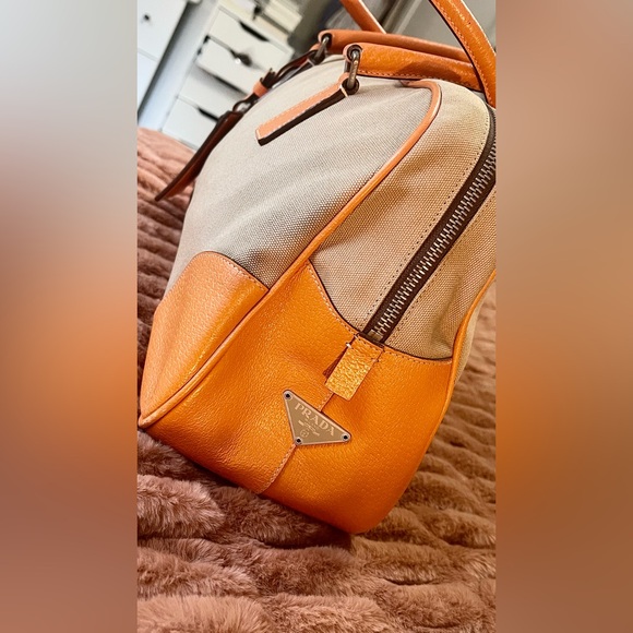 PRADA Canvas Leather Boston Bag. Color beige and orange - Picture 6 of 10